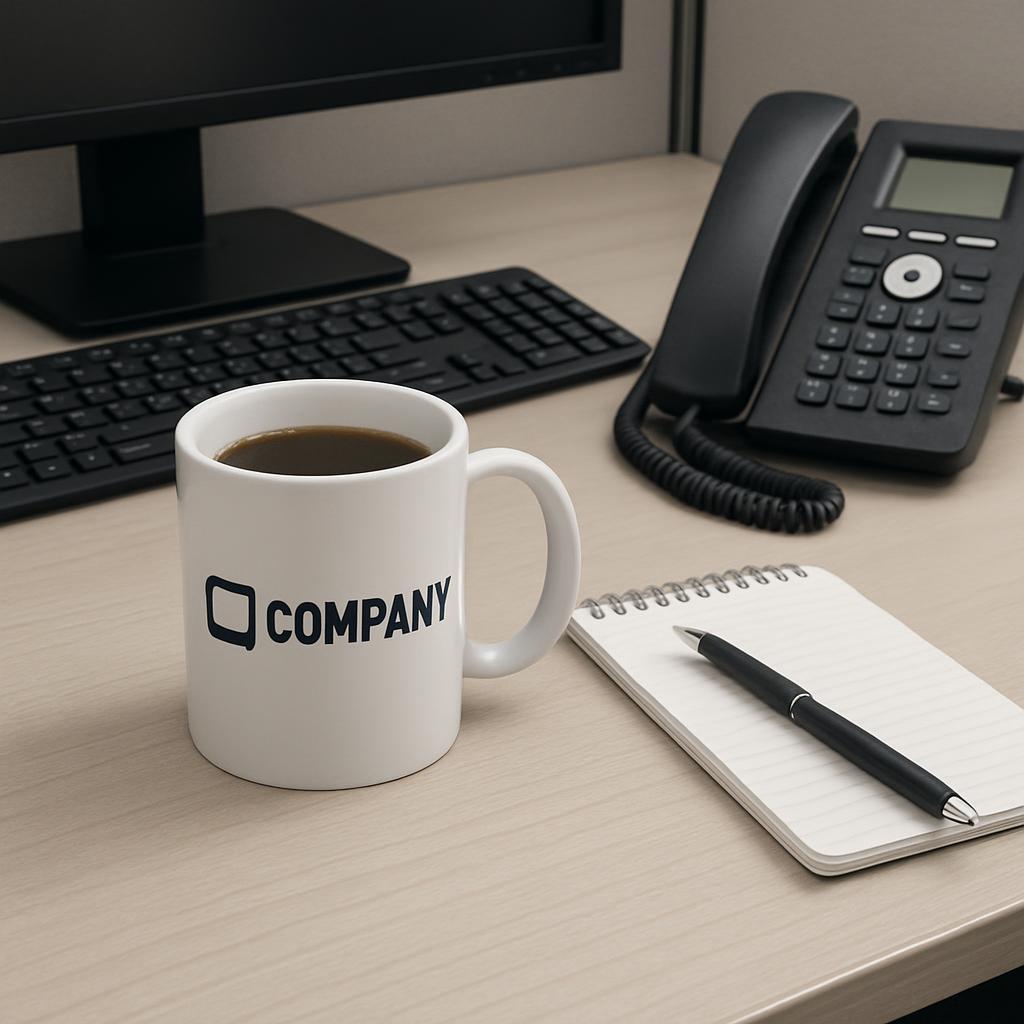 A lightly stained wood desk in an office is shown with a black computer monitor, keyboard, and a black telephone. In the c...