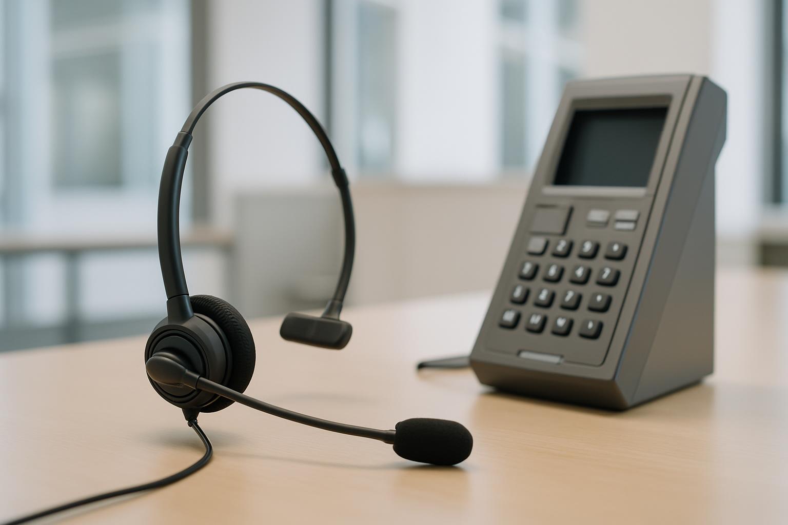 The image shows a headset and a phone sitting on a desk in what looks like an office setting. [Caption: There is a light b...